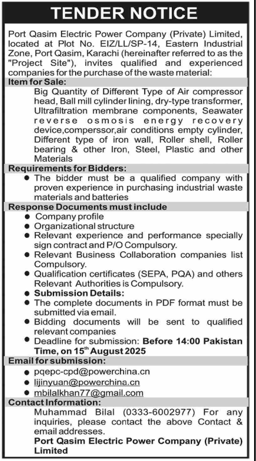 Port Qasim Electric Power Company Karachi Tender Notice